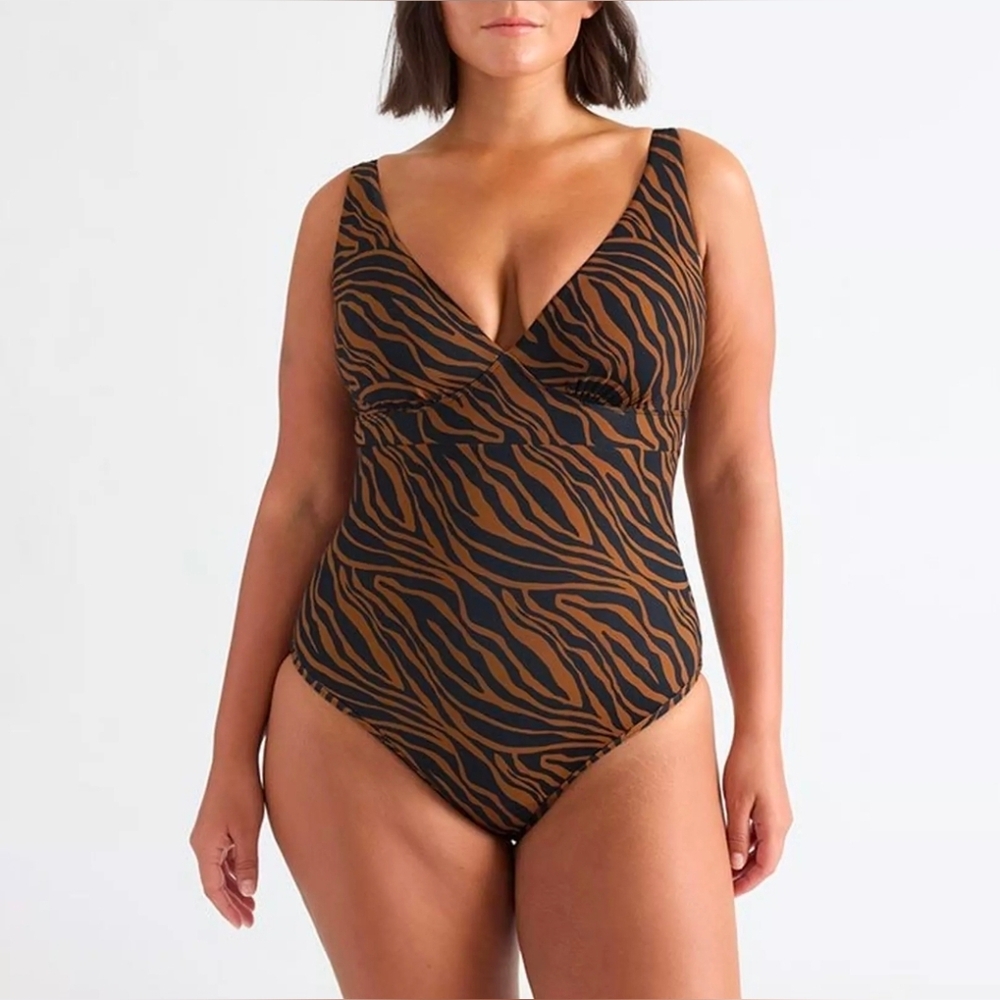 Knix Black and Brown Animal Print V-Neck One-piece Bathing Suit
